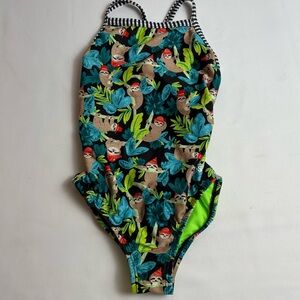 Dolfin Uglies Kids One Piece Swimsuit - Green and Blue Sloth Print with Hats!